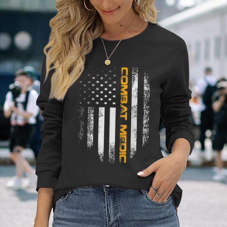 Vintage American Usa Flag Combat Medic Veteran Long Sleeve T-Shirt Gifts for Her