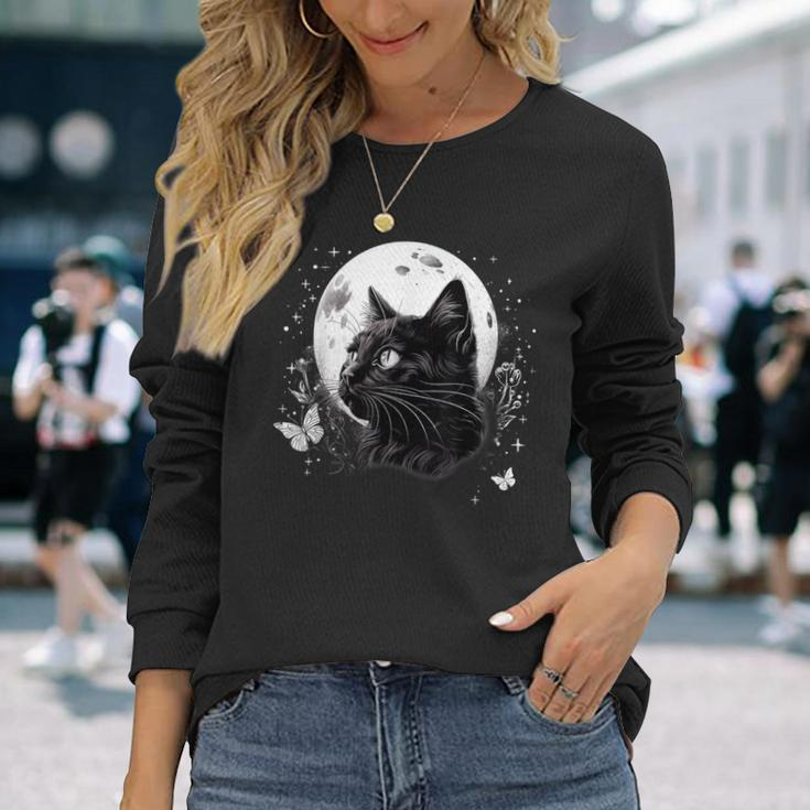 Vintage Cat Flowers Butterflies Moon Celestial Mystical Long Sleeve T-Shirt Gifts for Her