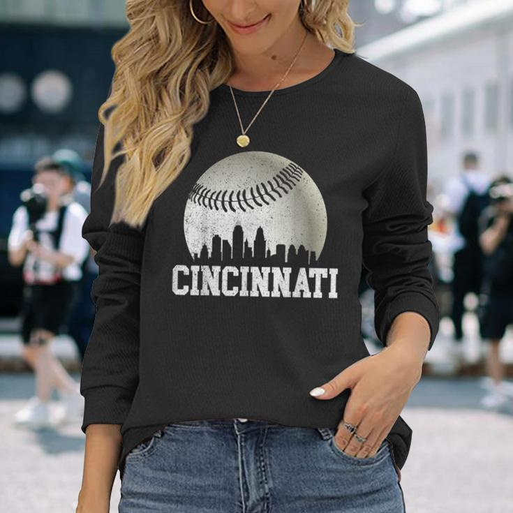 Vintage Cincinnati Skyline City Baseball Met At Gameday Long Sleeve T-Shirt Gifts for Her