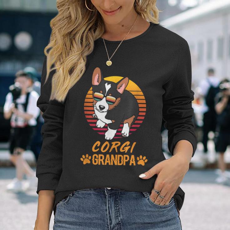 Vintage Cool Tricolor Corgi Dog Grandpa Paw Dad Fathers Day Long Sleeve T-Shirt Gifts for Her