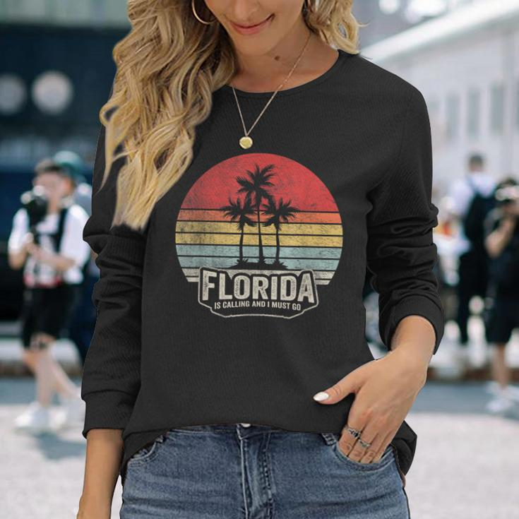 Vintage Florida Is Calling I Must Go Summer Florida Vacation Long Sleeve T-Shirt Gifts for Her