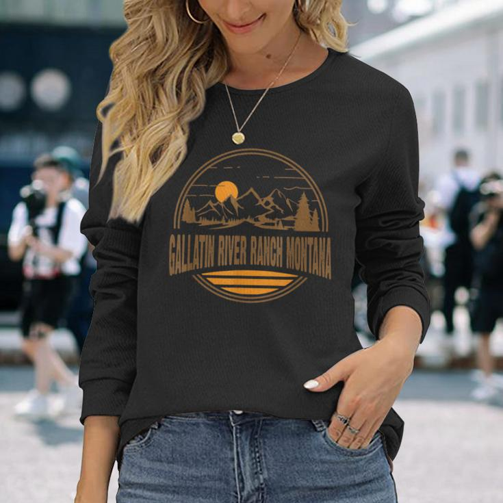 Vintage Gallatin River Ranch Montana Mountain Hiking Print Long Sleeve T-Shirt Gifts for Her
