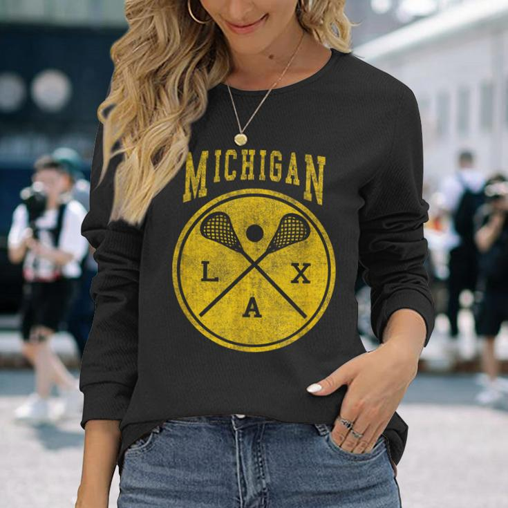 Vintage Michigan Lacrosse Distressed Lax Long Sleeve T-Shirt Gifts for Her