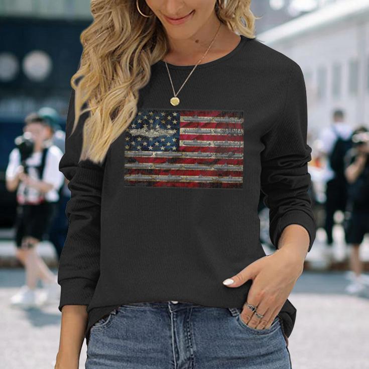 Vintage Navy Submarine Warfare Insignia American Flag Long Sleeve T-Shirt Gifts for Her