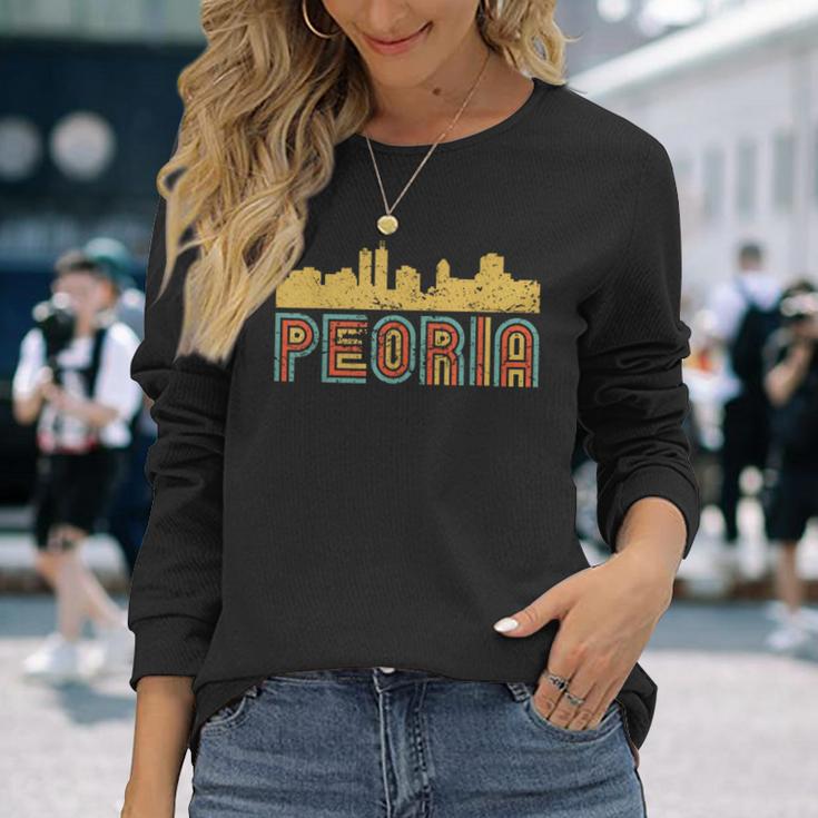 Vintage Retro Peoria Illinois Skyline Long Sleeve T-Shirt Gifts for Her