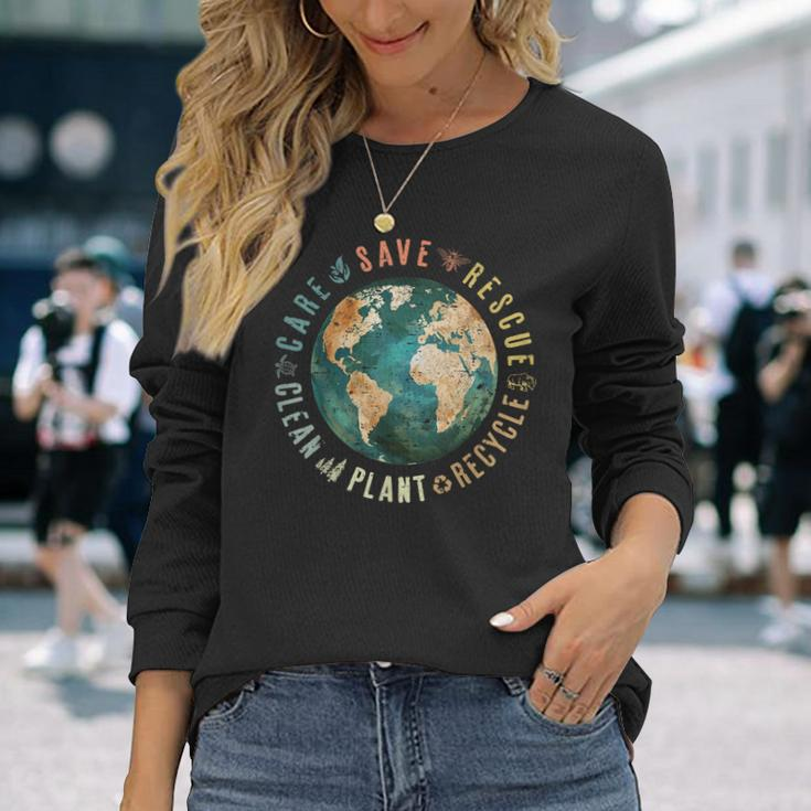 Vintage Save Bees Rescue Animals Recycle Plastic Earth Day Long Sleeve T-Shirt Gifts for Her