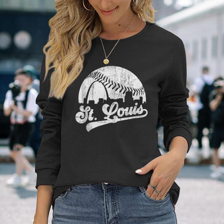 Vintage St Louis Skyline Game Day Retro Baseball Long Sleeve T-Shirt Gifts for Her