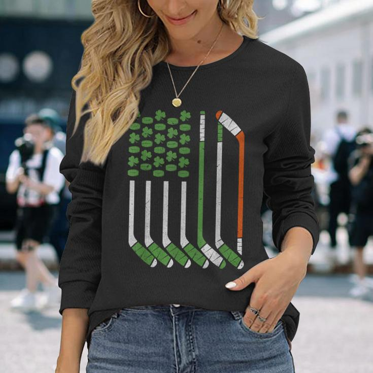 Vintage St Patrick Day Ice Hockey American Flag Saint Pattys Long Sleeve T-Shirt Gifts for Her