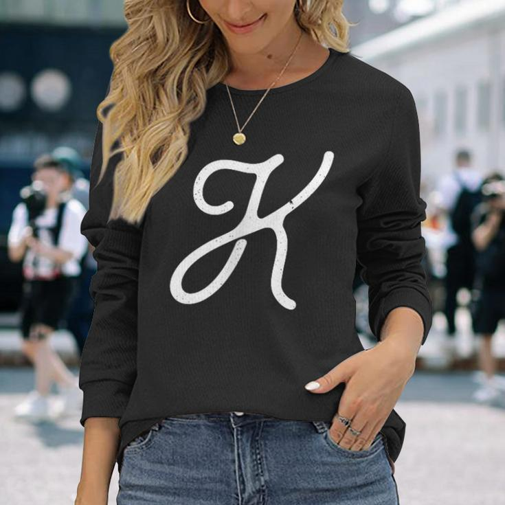 Vintage-Style Letter K Initial Monogram Script Font Long Sleeve T-Shirt Gifts for Her