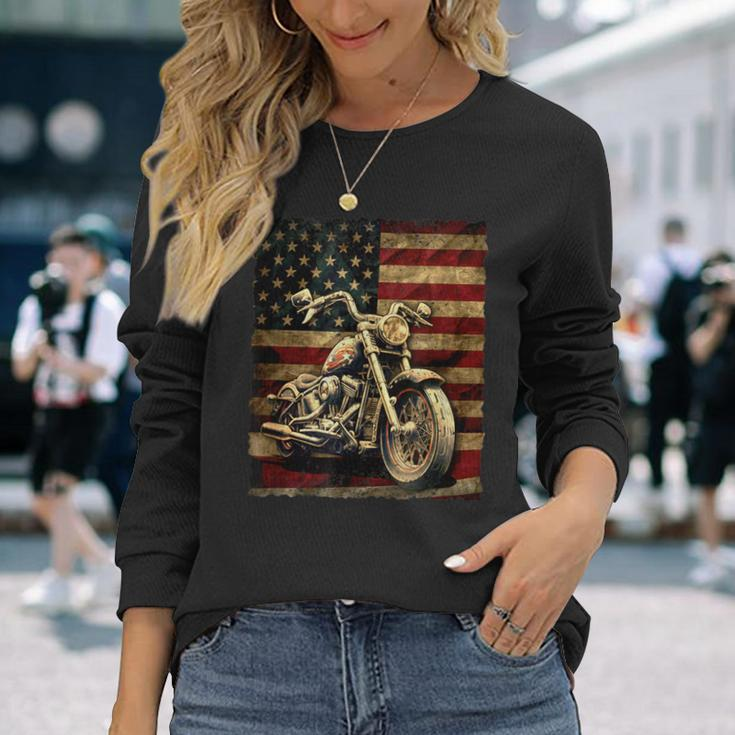 Vintage Usa Flag Motorcycle Retro Biker Mens Long Sleeve T-Shirt Gifts for Her