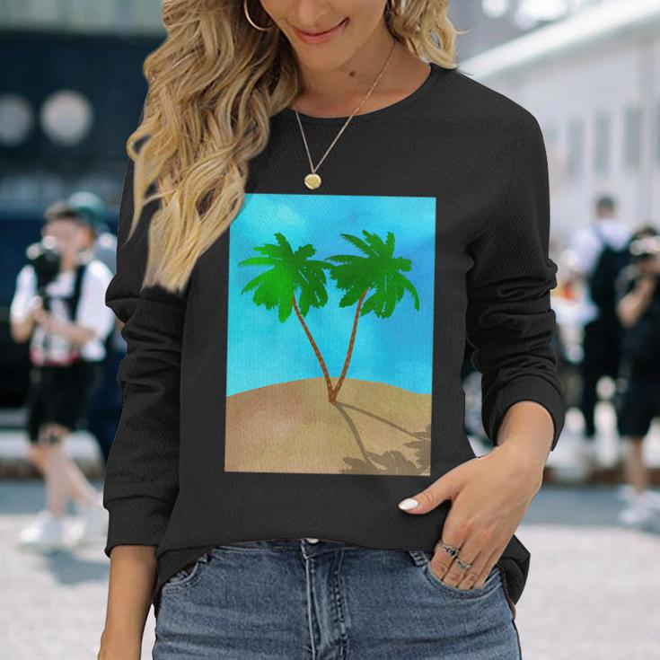 Watercolor Palm Tree Beach Scene Collage Long Sleeve T-Shirt Gifts for Her