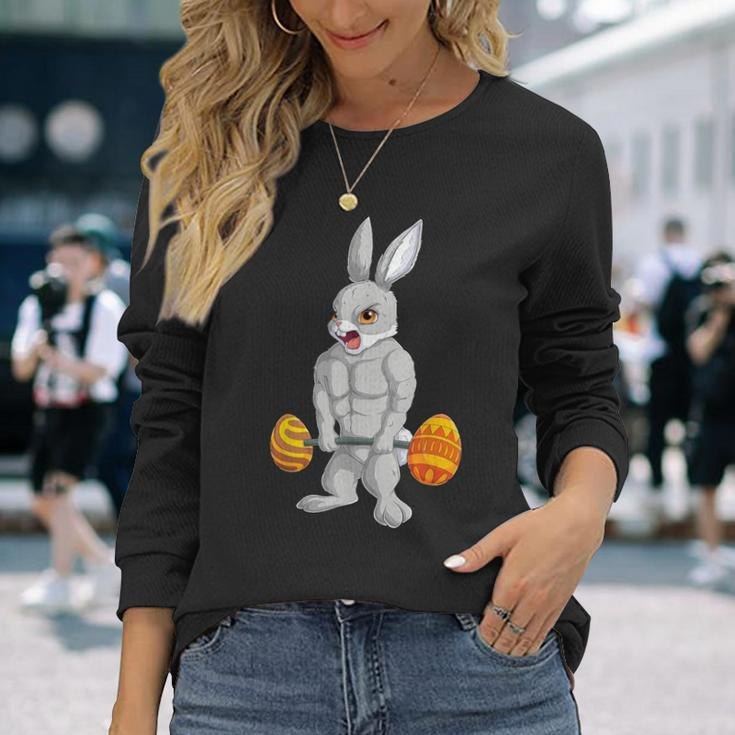 Weightlifting Fitness Gym Happy Easter Bunny Lifting Eggs Long Sleeve T-Shirt Gifts for Her