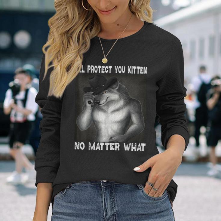 Werewolf Ripping Off Alpha Wolf Meme I'll Protect You Kitten Long Sleeve T-Shirt Gifts for Her