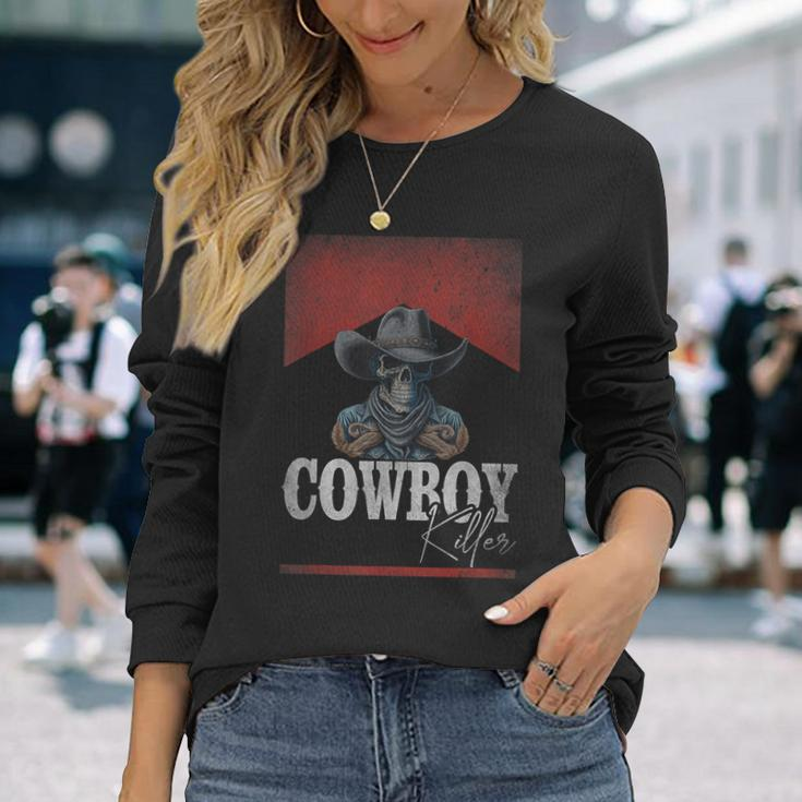 Western Cowboy Killer Cowboy Skeleton Hat And Scarf Long Sleeve T-Shirt Gifts for Her