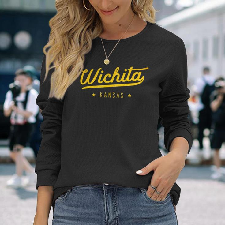 Yellow Vintage Retro Wichita Kansas Novelty Souvenir Long Sleeve T-Shirt Gifts for Her