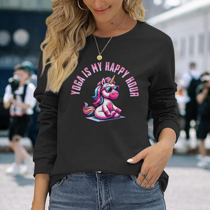 Yoga Is My Happy Hour Unicorn Vintage Yoga Saying Long Sleeve T-Shirt Gifts for Her