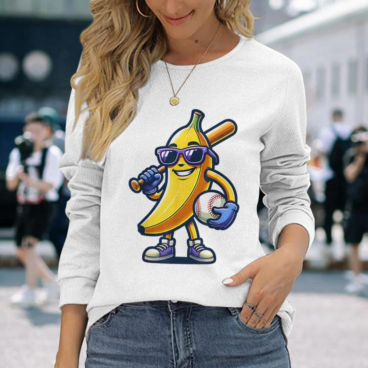Banana Playing Baseball Fruit Lover Baseball Player Long Sleeve T-Shirt Gifts for Her