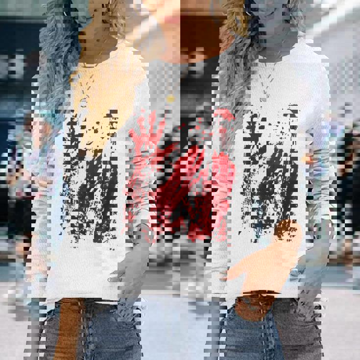 Bloody Red Hands Blood Splatter Zombie Outbreak Graphic Long Sleeve T-Shirt Gifts for Her