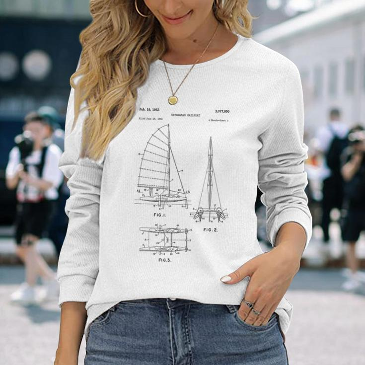 Catamaran Sailboat Blueprint Old Sailing Boat Ocean Long Sleeve T-Shirt Gifts for Her