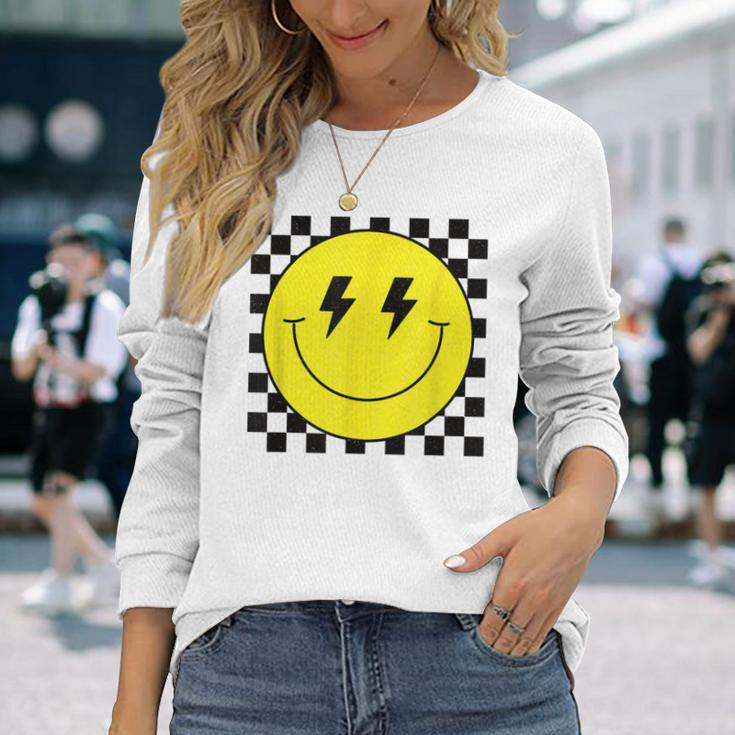 Checkered Lightning Eyes Yellow Smile Face Happy Face Long Sleeve T-Shirt Gifts for Her