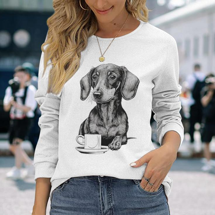 Dachshund Puppy Wiener With Coffee Long Sleeve T-Shirt Gifts for Her