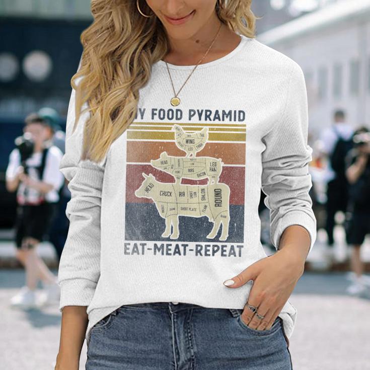 My Food Pyramid Eat Meat Repeat Retro Vintage Bbq Joke Long Sleeve T-Shirt Gifts for Her