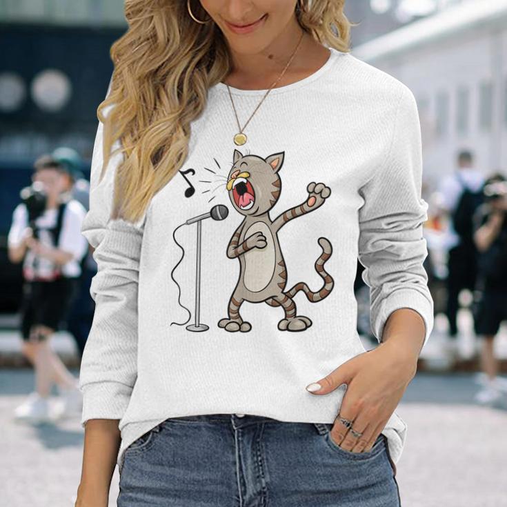 Cat Singing Karaoke Long Sleeve T-Shirt Gifts for Her