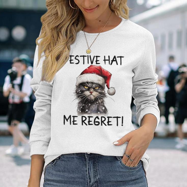 Christmas Cat Santa Hat Festive Hat Me Regret Long Sleeve T-Shirt Gifts for Her