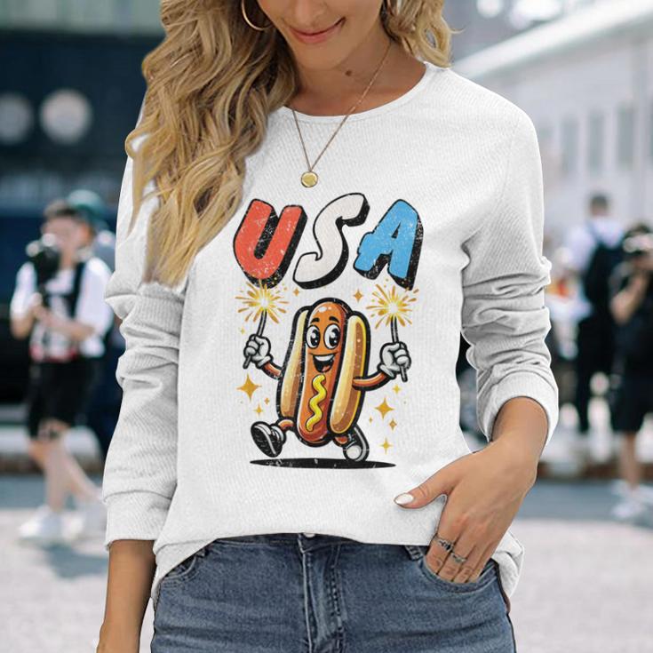 Hot Dog 4Th Of July Fireworks Independence Day Retro Long Sleeve T-Shirt Gifts for Her