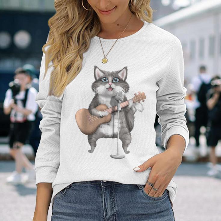 Kitty Cat Singing Guitar Player Musician Music Guitarist Long Sleeve T-Shirt Gifts for Her