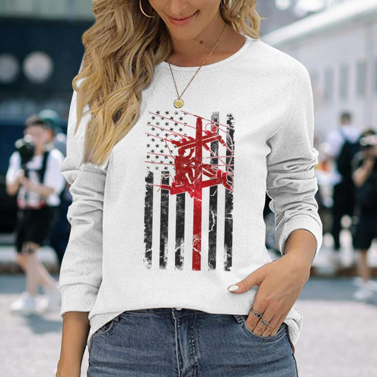 Lineman American Flag Electric Cable Lineworker Long Sleeve T-Shirt Gifts for Her
