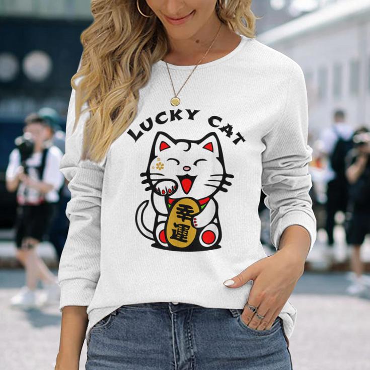 Lucky Cat Maneki-Neko Japanese Good Luck Feng Shui Cute Long Sleeve T-Shirt Gifts for Her