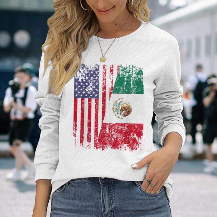 Mexican Roots Half American Flag Mexico Long Sleeve T-Shirt Gifts for Her