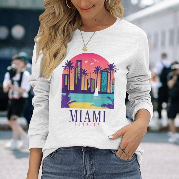Miami Florida Vintage Retro Skyline Palm Trees Souvenir Long Sleeve T-Shirt Gifts for Her