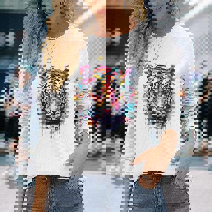 Obra De Arte De Tigre Colorido Animal Arte Tigre Camiseta de manga larga Regalos para ella