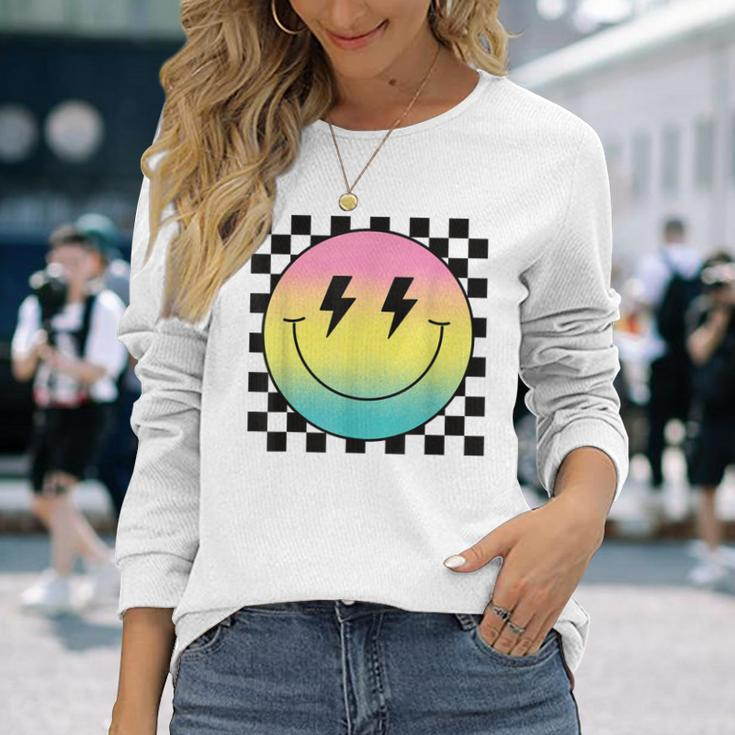 Rainbow Smile Face Cute Checkered Smiling Happy Face Long Sleeve T-Shirt Gifts for Her