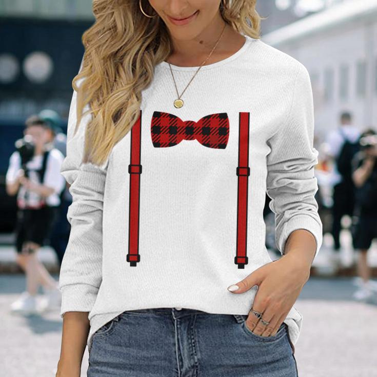 Red Buffalo Plaid Bow Tie And Suspenders Long Sleeve T-Shirt Gifts for Her