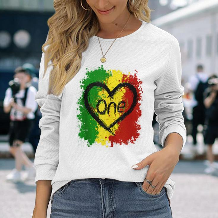 Reggae Heart One Love Rasta Reggae Music Jamaica Vacation Long Sleeve T-Shirt Gifts for Her