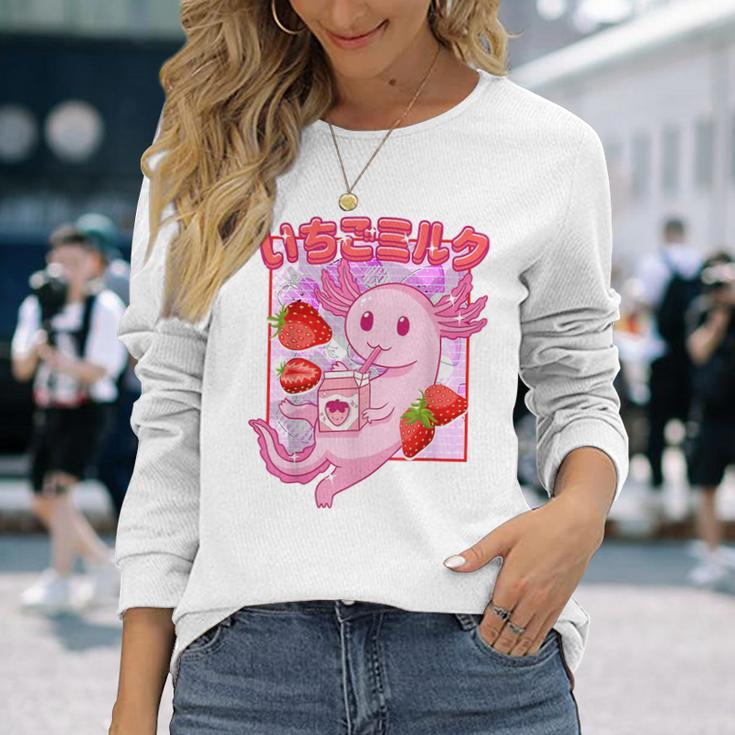 Retro Strawberry Milk Anime Kawaii Axolotl Strawberry Milk Pink Langarmshirts Geschenke für Sie