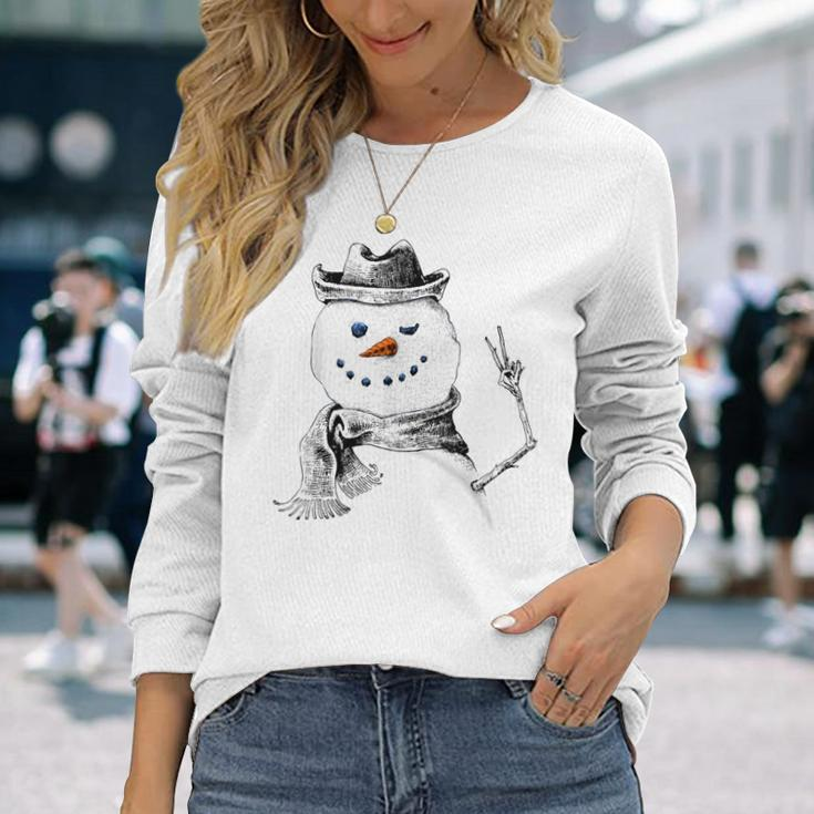 Snowman Peace Sign Christmas Snow Frosty Winter Xmas Long Sleeve T-Shirt Gifts for Her