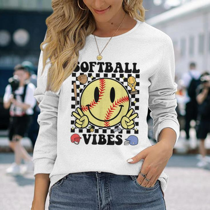 Softball Vibes Smile Face Game Day Softball Mom Long Sleeve T-Shirt Gifts for Her