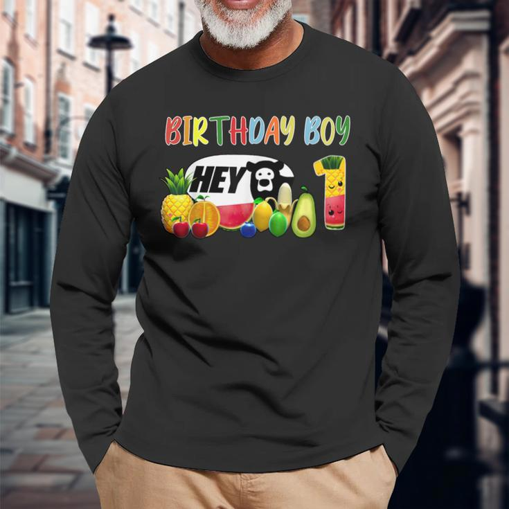 1St Birthday Boy 1 Year Old Fruit Birthday Hey Bear Long Sleeve T-Shirt Gifts for Old Men