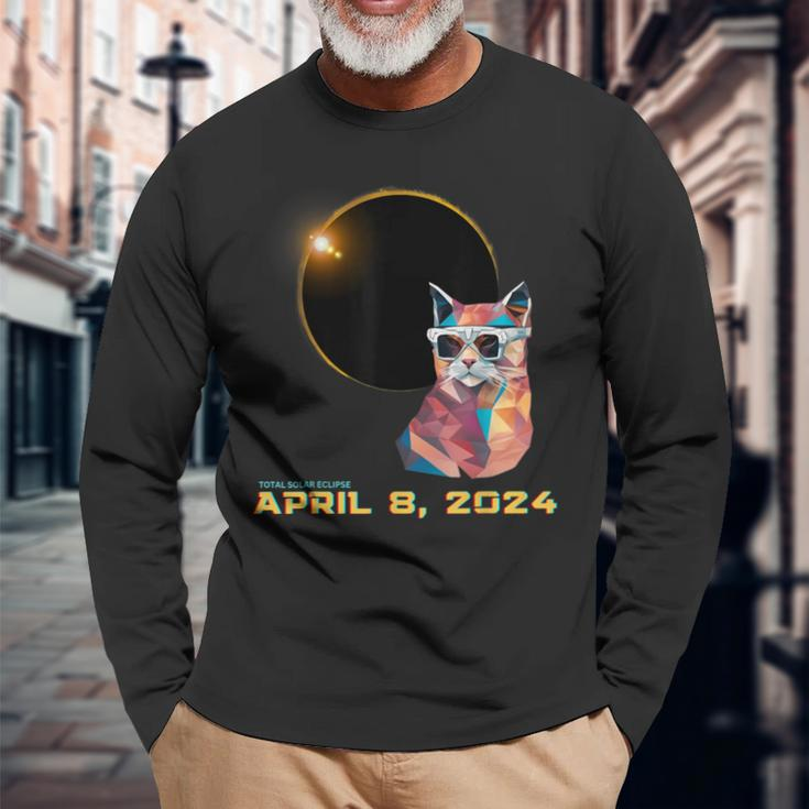 2024 Solar Eclipse Cat Wearing Solar Glasses Eclipse Long Sleeve T-Shirt Gifts for Old Men