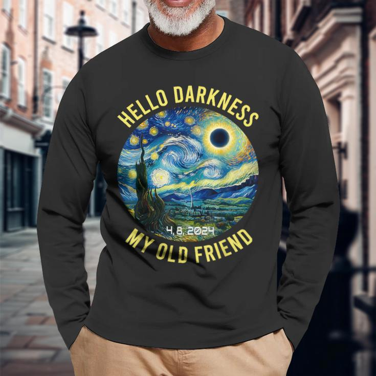 2024 Solar Eclipse Hello Darkness My Old Friend Starry Night Long Sleeve T-Shirt Gifts for Old Men