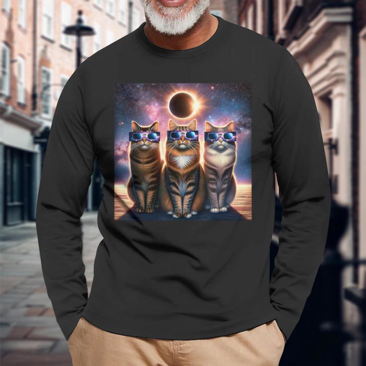 2024 Solar Eclipse Three Cats Wearing Glasses Totality Long Sleeve T-Shirt Gifts for Old Men