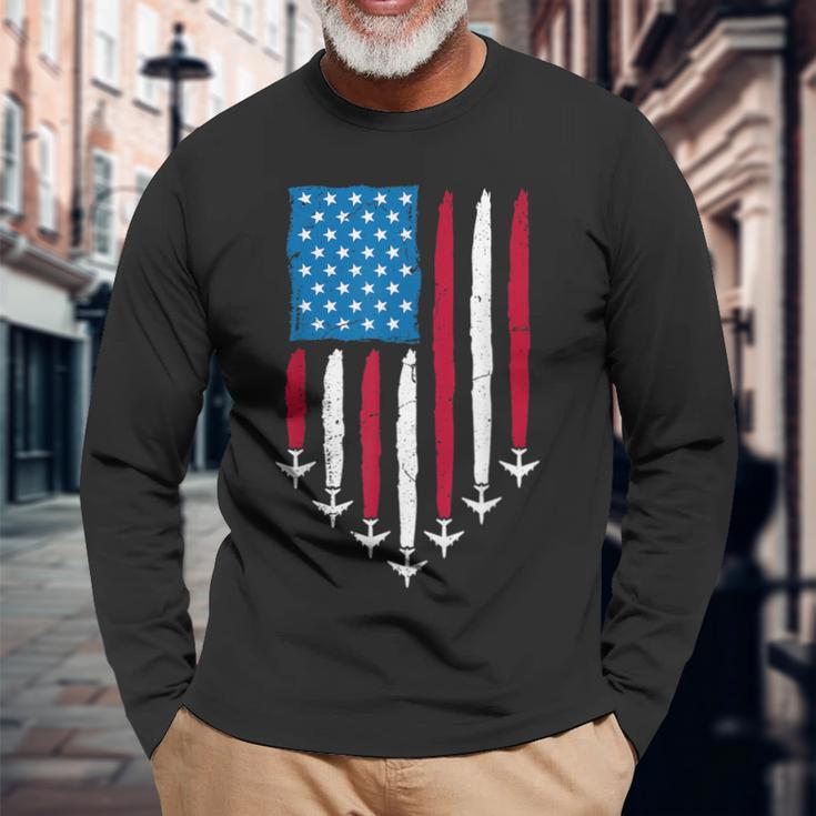 4Th Of July Fourth 4 Patriotic Usa Flag Fighter Jets Kid Long Sleeve T-Shirt Gifts for Old Men