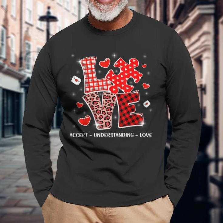 Accept Understand Love Autism Awareness Valentine's Day Long Sleeve T-Shirt Gifts for Old Men