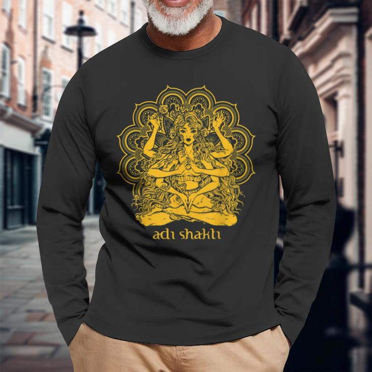 Adi Shakti Herren Langarmshirts, Spirituelles Yoga Motiv Gold auf Schwarz Geschenke für alte Männer