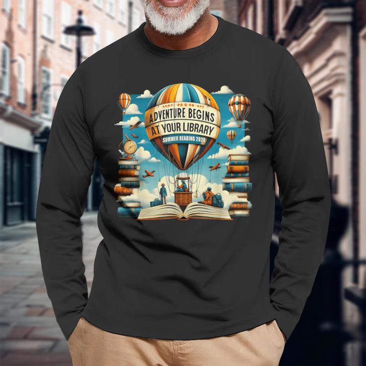 Adventure Begins At Your Library Summer Reading Hot Balloon Long Sleeve T-Shirt Gifts for Old Men