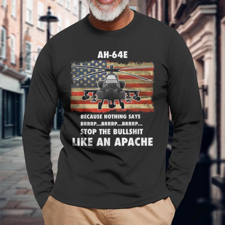 Ah-64E Apache Helicopter Military And Veteran Vintage Flag Long Sleeve T-Shirt Gifts for Old Men